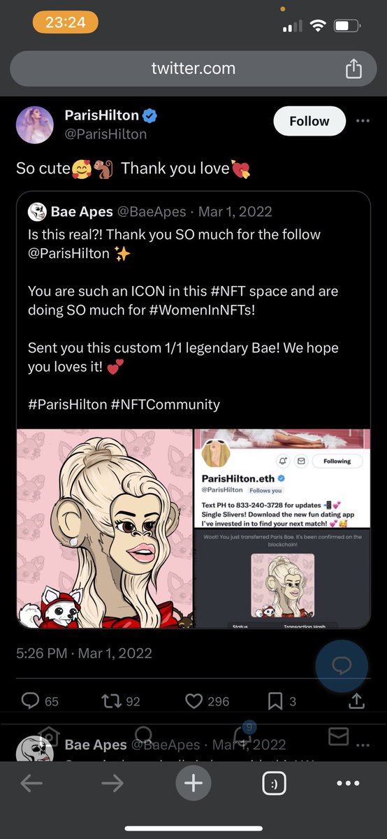 amber_rhae's tweet photo. Hey #BaeBae! What a #BAEutiful @BaeApes! Welcome to the fam sis, @Deviled_meggs_ !! She’s a hero in scrubs just like you! BTW- fun fact- @ParisHilton was gifted her 1/1 from this collection & actually commented on it & it’s in unhidden on her Open Sea
I also have a couple. @thedankone1313 is a gem! I have a few #Baes also!