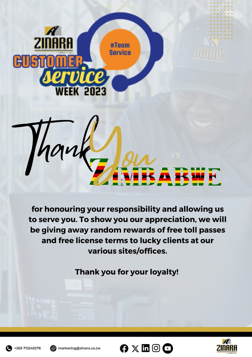 zinaraZW's tweet photo. Customer Service Week Rewards!

It's Friday and we have special prizes for you today. 
Visit your nearest ZINARA office or tollgate, regularise your vehicle license and win some amazing prizes.

#CustomerServiceWeek 
#TeamService https://t.co/nbpr0sUJDm
