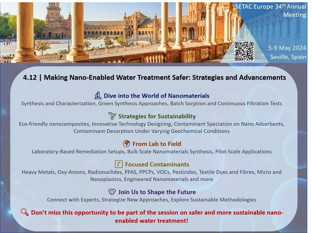 EnviNitin's tweet photo. 🌊 Dive into the future of sustainable water treatment technologies at #SETACEurope in Seville🇪🇸 (5-9 May)
Inviting Abstracts!
Session 4.12: "Making Nano-Enabled Water Treatment Safer: Strategies and Advancements."
Deadline: Nov 29, 2023
https://t.co/W093ZdNm90 https://t.co/7AGdbMCrxr