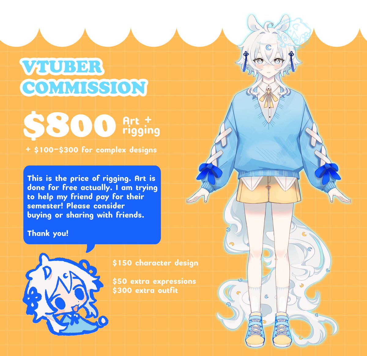 Yueyuu6's tweet photo. (RT RLLY APPRECIATED!! or letting ur friend who need a model know.)

The vtuber art is free! the cost is only rigging. Trying to help a friend out whose situation lately been a lil unfortunate:,3 

3 slots. I can guarantee the art delivery a month/ under for the first order https://t.co/cjLv8A0h6W