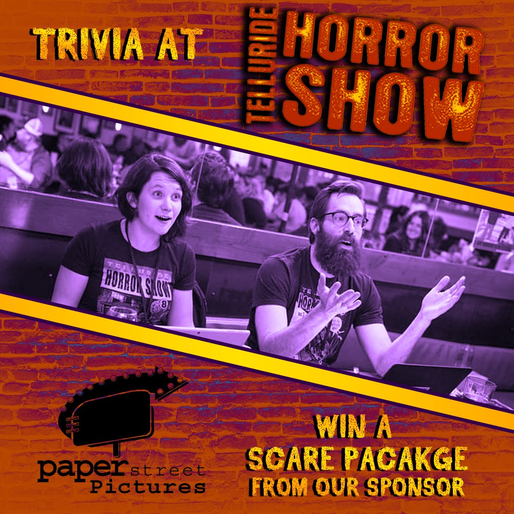 Fright or Wrong Horror Trivia (@frightorwrong) on Twitter photo Since they can't compete as contestants this year at <a href="/TellurideHorror/">TellurideHorrorShow ๐๏ธ๐</a>, the <a href="/PaperStPictures/">Paper Street Pictures</a> gang has sacrificed their souls to the trivia gods and became a sponsor instead. Since they can't compete as contestants this year at <a href="/TellurideHorror/">TellurideHorrorShow ๐๏ธ๐</a>, the <a href="/PaperStPictures/">Paper Street Pictures</a> gang has sacrificed their souls to the trivia gods and became a sponsor instead.