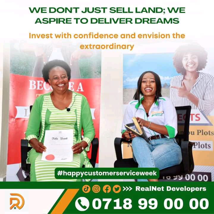 Realnet Developers invites you to invest with confidence during this #CustomerServiceWeek

Explore our SPECIAL OFFERS and let us turn your dreams into reality.

We've reduced prices for all our Properties currently on sale.

☎️: 0718 99 00 00

#RealNetDevelopers #MainaAndKingangi