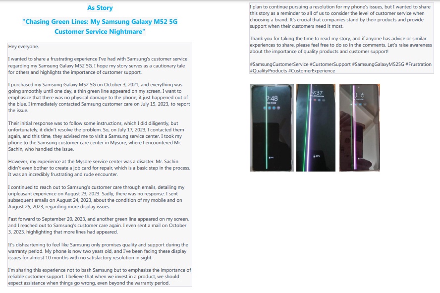 drbasavat's tweet image. &quot;Chasing Green Lines: My Samsung Galaxy M52 5G Customer Service Nightmare&quot;
#SamsungCustomerService #CustomerExperience #customersupport #qualityproducts #samsunggalaxyM525G