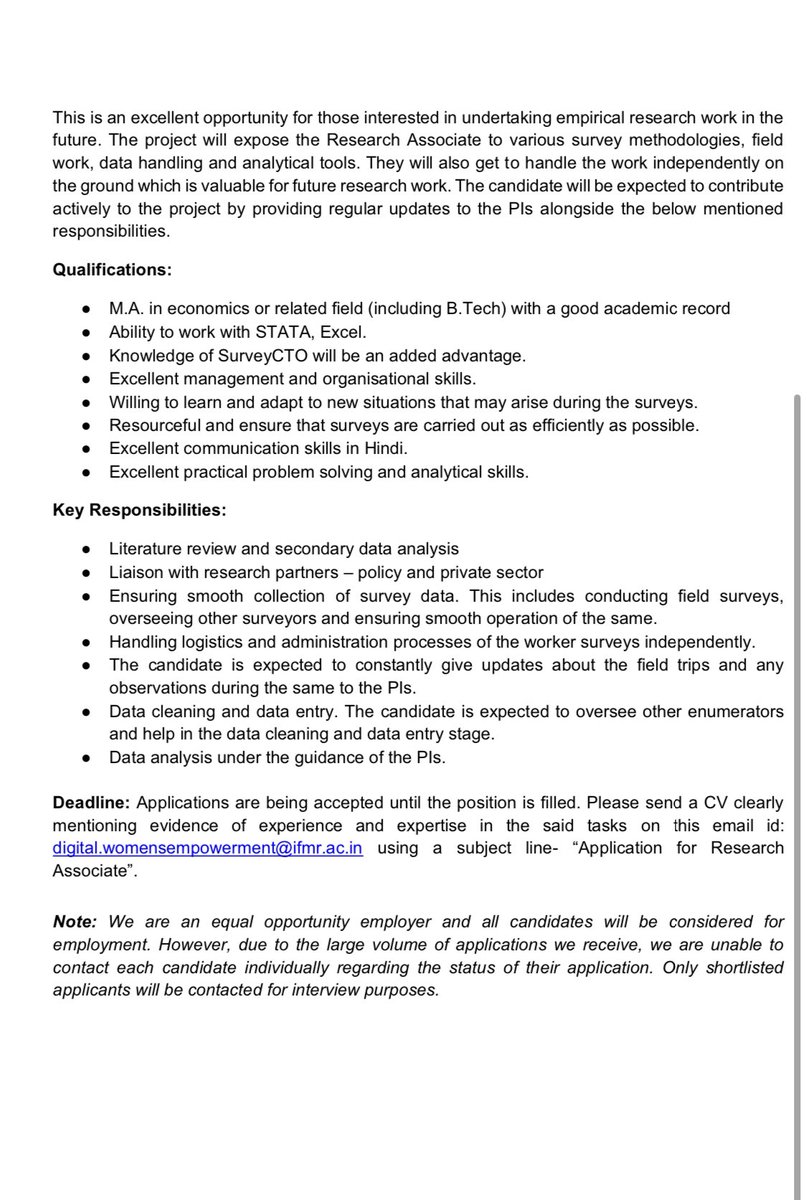 kanika mahajan (@kanmahajan) on Twitter photo Looking for an RA urgently. Masters degree in Econ, public policy, statistics or related fields. Working knowledge of STATA is required. The project allows building research oriented skills - data handling, analyses, survey building tools. Location: Delhi. Looking for an RA urgently. Masters degree in Econ, public policy, statistics or related fields. Working knowledge of STATA is required. The project allows building research oriented skills - data handling, analyses, survey building tools. Location: Delhi.