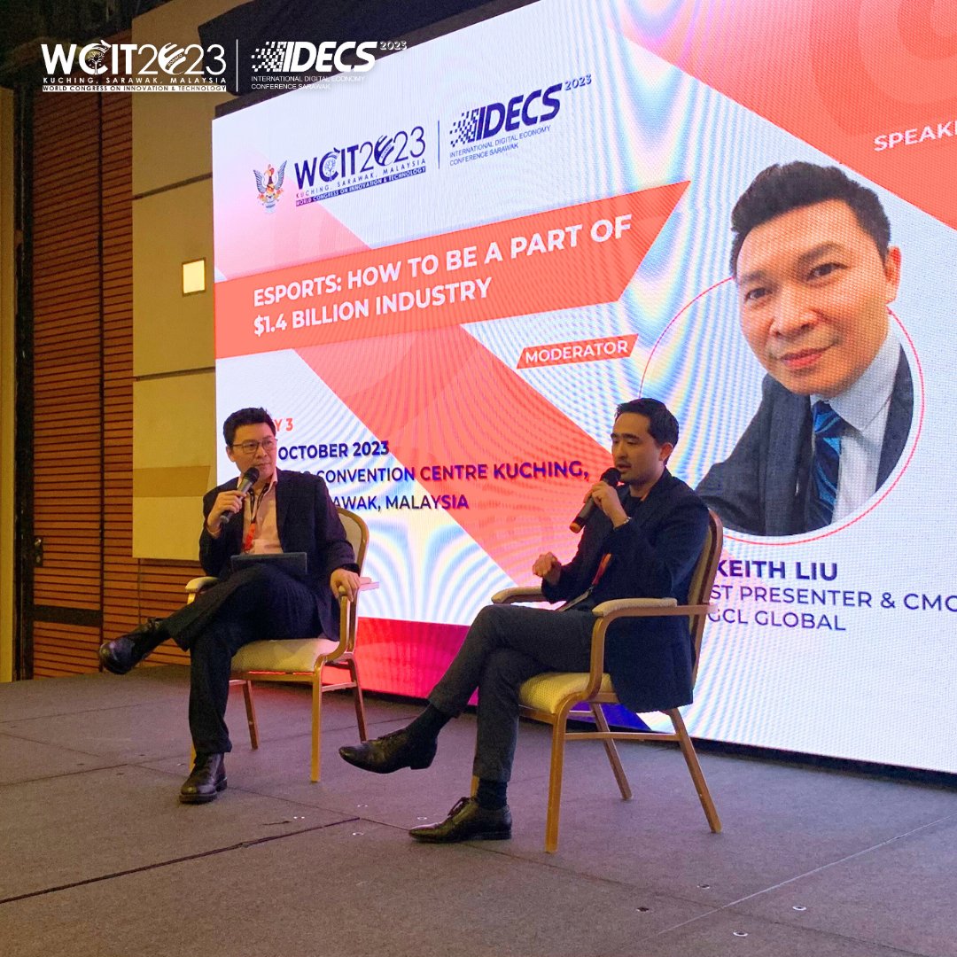 WCITIDECS2023's tweet image. We delved into the world of Esports with Keith Liu, Broadcast Presenter &amp;amp; CMO at GCL Global as moderator, joint by Adrian Gaffor, Co-Founder of Esports Business Network (EBN) on stage.

#WCITIDECS2023 #WCIT2023 #IDECS2023