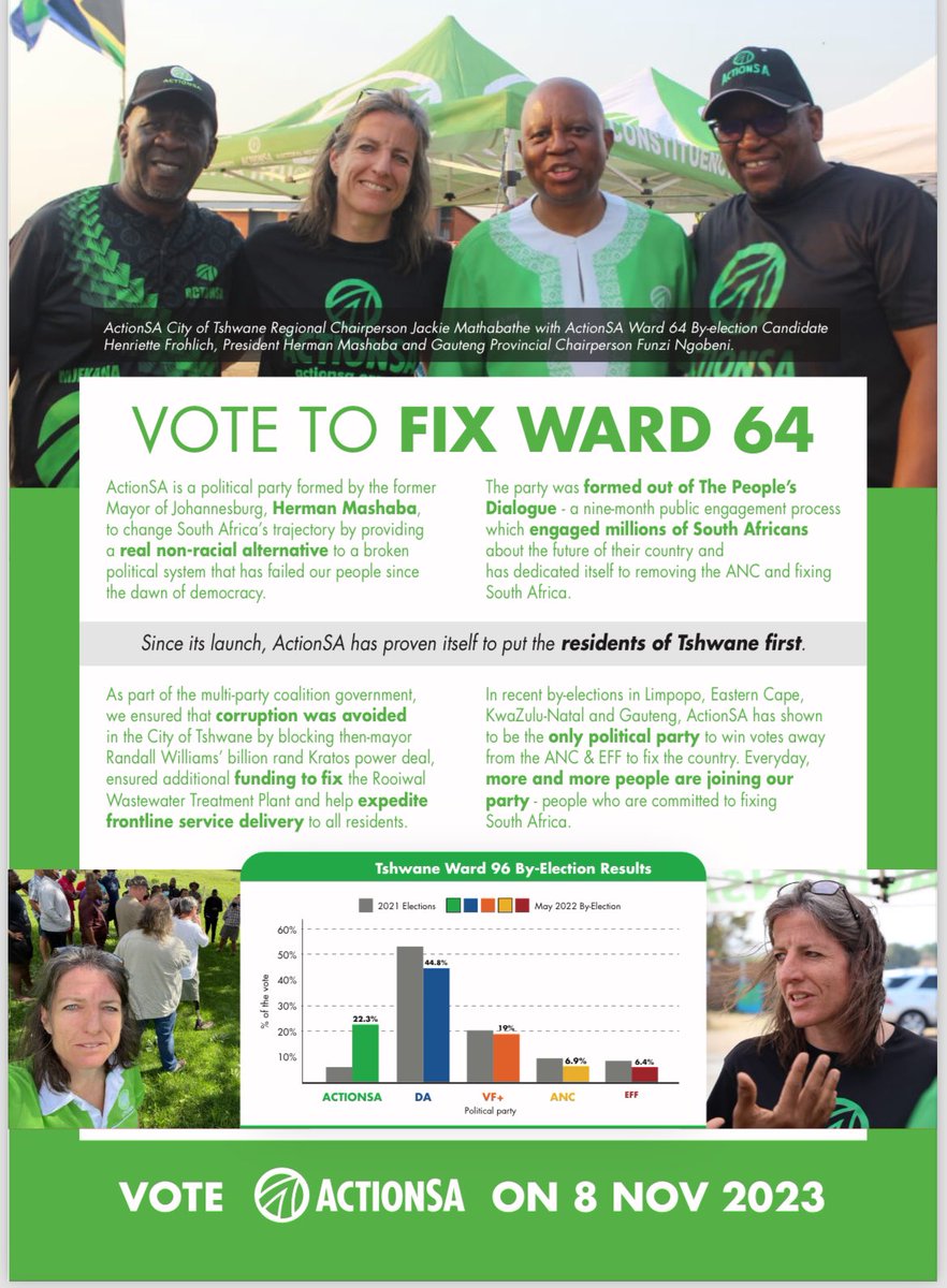 @Action4SA encourages all @CityTshwane Ward 64 voters to go to the polls on Wednesday, 8 November, to vote for a candidate & party that is responsive & committed to good & clean governance. #VoteHenriette #VoteActionSA #Ward64ByElection