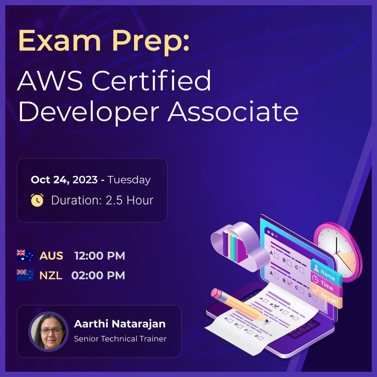 StyavaD's tweet image. Join us for an exclusive Exam Prep session with Aarthi Natarajan, Senior Technical Trainer at AWS, as she guides you through the exam's topic areas and shares question structure for better comprehension. 
🔗 smpl.is/7wxin
#examprep #AWSdeveloperassociate  #AWS