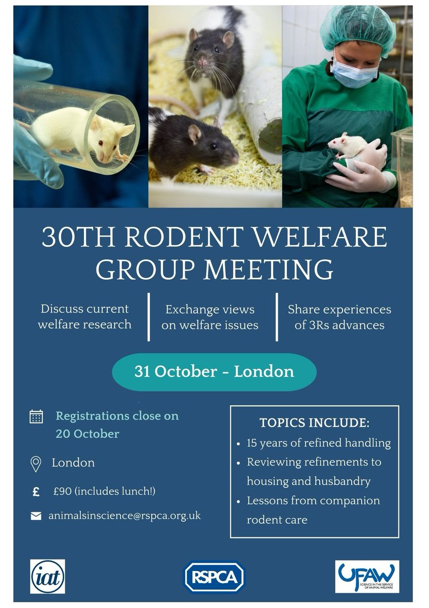 RSPCA_LabAnimal's tweet photo. Two weeks left to register for the Rodent Welfare Group Meeting!
🐁 get up to date with the latest on lab rodent welfare
🐀 discuss and network with colleagues
🐹 earn CPD points
Agenda and registration here: https://t.co/8oXAesVreH
#labanimal #animalwelfare #rodentwelfare #3Rs https://t.co/eLI8j6ioAH