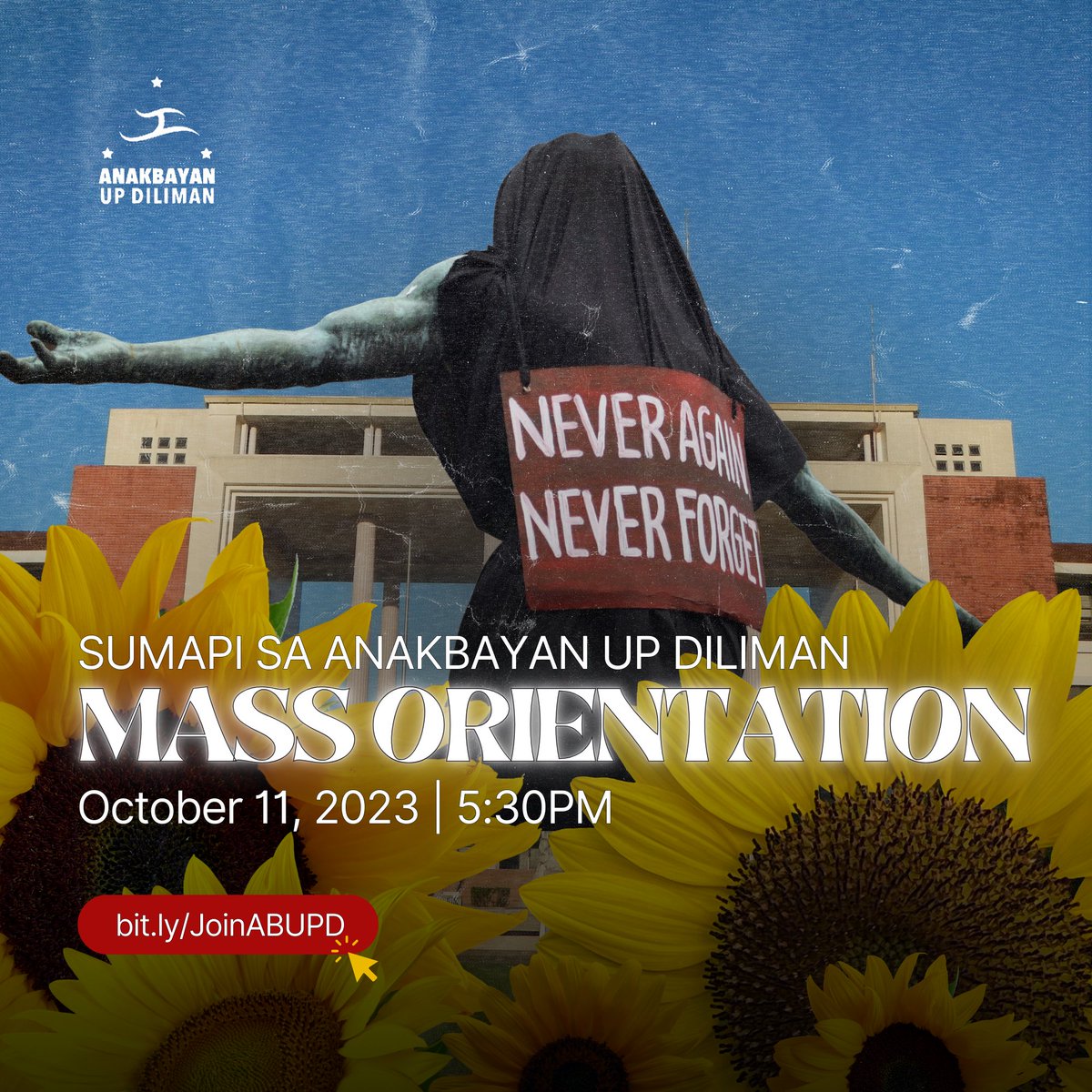 MATATAPANG! MATATALINO! WALANG TAKOT KAHIT SA REHIMENG MARCOS-DUTERTE!  

Iskolar ng Bayan, ito na ang iyong imbitasyon upang maging bahagi ng pinaka komprehensibong pang-masang organisasyon sa UP Diliman 📷

bit.ly/JoinABUPD
bit.ly/JoinABUPD
bit.ly/JoinABUPD