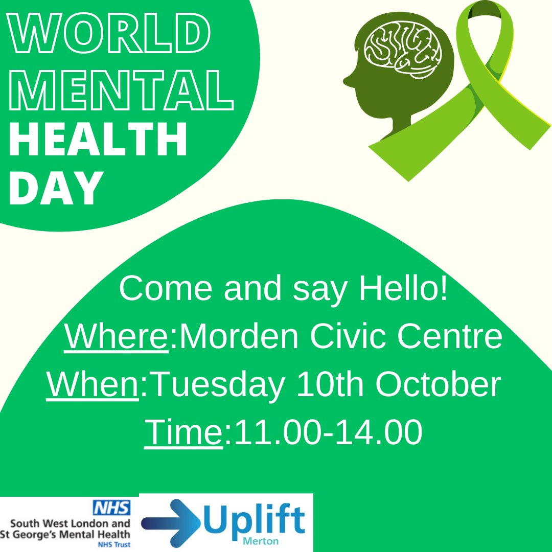 To mark this year's #WorldMentalHealthDay, we would like to connect with you! Come and visit our table at Morden Civic Centre to discuss different ways to look after your #mentalhealth, and how we can support you.

#mertontalkingtherapies #mertonuplift #wellbeing  #nhs #merton