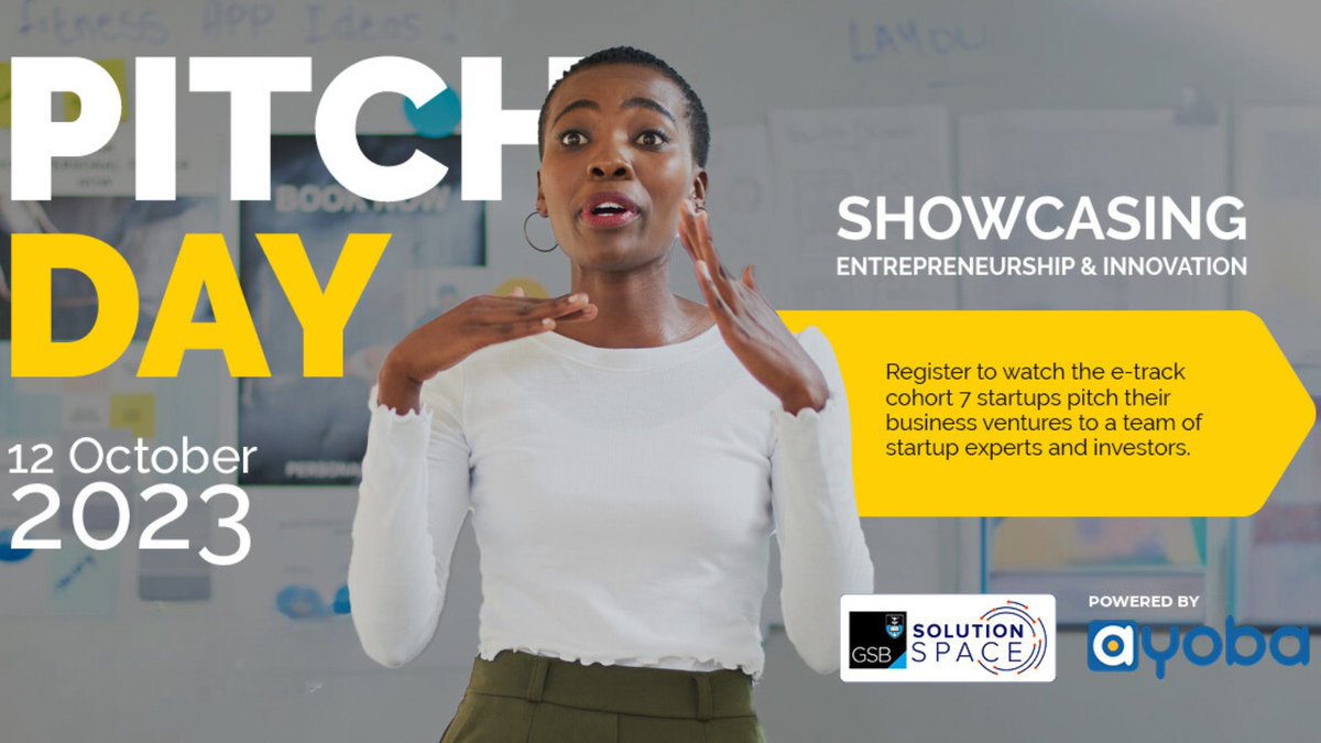 uctgsbsolutions's tweet photo. It's #PitchDay, and you are invited!
Our #eTrackPitchDay is happening on Thursday, 12 October.
Join us virtually.
RSVP here to receive a link for the #event: https://t.co/zOXzIIYu3I
The #eTrackProgramme is proudly powered by @ayoba.
#entrepreneurship #business #startupecosystem https://t.co/bF22VSv3tQ
