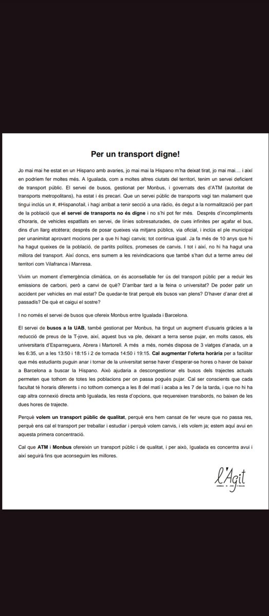 🔥✊ Comunciat:Per un transport digne!!🚌

⚡Perquè volem un transport públic de qualitat, perquè ens hem cansat de fer veure que no passa res, perquè ens cal el transport per treballar i estudiar i perquè volem canvis, i els volem ja!!💫

#Hispanofail #jomaimai