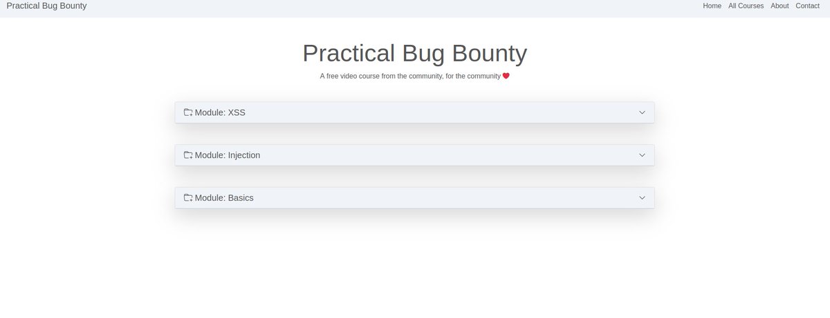 Practical Bug Bounty: A free video course from the community, for the community ❤️

Source: tbm.c3c.io

CC: <a href="/ITSecurityguard/">Patrik Grobshäuser</a> 

#infosecurity #BugBounty #Hacking #infosec #bugbountytips #Pentesting #redteam #cybersecurity  #cybersecuritytips #CyberSecurityAwareness