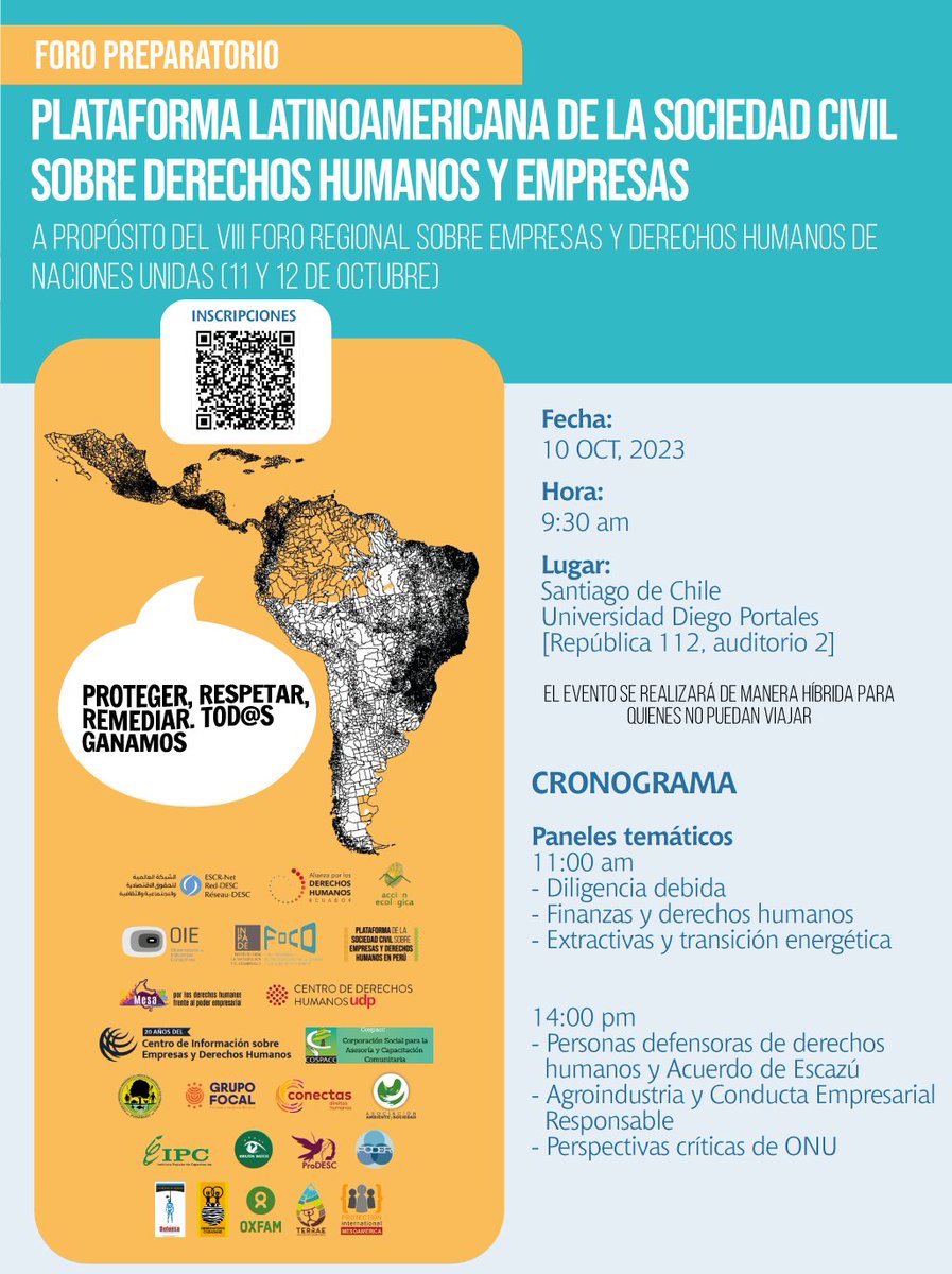 Antes del VIII Foro Regional sobre Empresas y #DDHH, el 10 de oct nos reuniremos varias organizaciones de la sociedad civil latinoamericana en el Foro Preparatorio 🗣

09:30 ⏰ Santiago de Chile
Evento híbrido 💻
Inscríbete 👉 docs.google.com/forms/d/e/1FAI…
