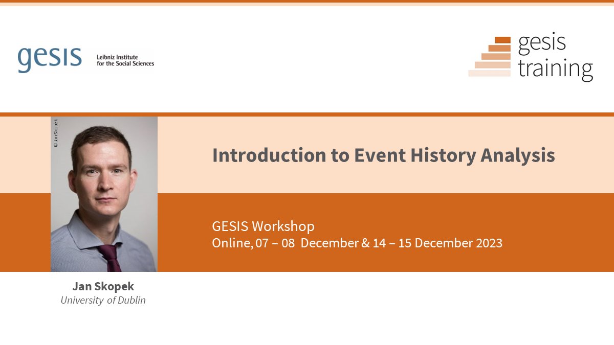 gesistraining's tweet photo. Dive into #EventHistoryAnalysis with Jan Skopek @tcddublin!
Learn the essentials of analyzing event history data using Stata, from basic concepts to advanced methods.
Don't miss our #GESISworkshops!
➡️ https://t.co/DMGXb3WOSM https://t.co/SvCQLuTJ5n
