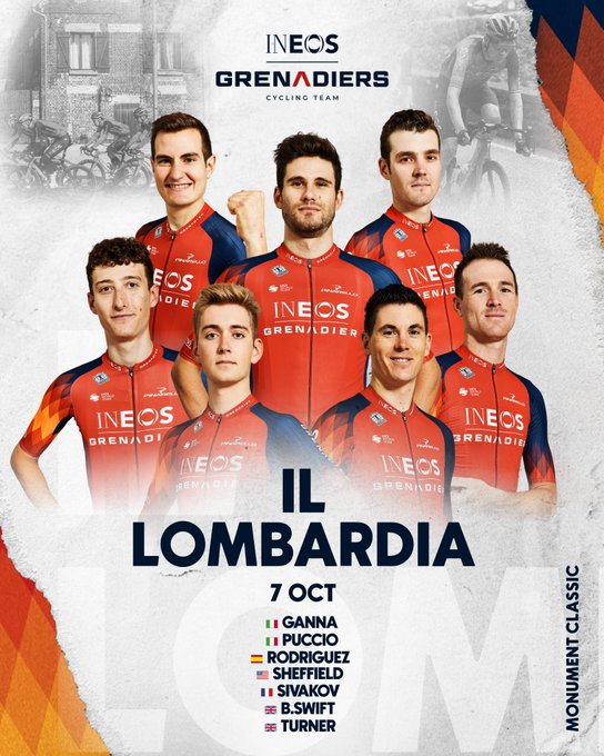 A composite photo of the riders racing Il Lombardia. Names are shown below: 

Ganna
Puccio
Rodriguez 
Sheffield 
Sivakov 
Ben Swift 
Turner