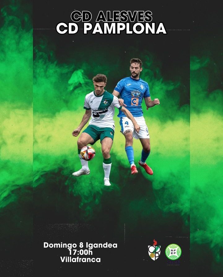 C.D. Pamplona (@cd_pamplona) on Twitter photo ⚽ Próximo encuentro de nuestro 3RFEF / Gure 3RFEF eko hurrengo partidua ⚽
<a href="/CDALESVES/">C.D.ALESVES</a> ⚔️ <a href="/cd_pamplona/">C.D. Pamplona</a>
🏟️ Villafranca
🗓️ Domingo 8 / Igandea 8
⏳ 17:00h / 17:00 etan
Vamos chavales! Goazen mutilak!
Todos juntos! Guztiok batera! 💪💪
Aúpa Pamplona!!! 🤍💚 ⚽ Próximo encuentro de nuestro 3RFEF / Gure 3RFEF eko hurrengo partidua ⚽
<a href="/CDALESVES/">C.D.ALESVES</a> ⚔️ <a href="/cd_pamplona/">C.D. Pamplona</a>
🏟️ Villafranca
🗓️ Domingo 8 / Igandea 8
⏳ 17:00h / 17:00 etan
Vamos chavales! Goazen mutilak!
Todos juntos! Guztiok batera! 💪💪
Aúpa Pamplona!!! 🤍💚