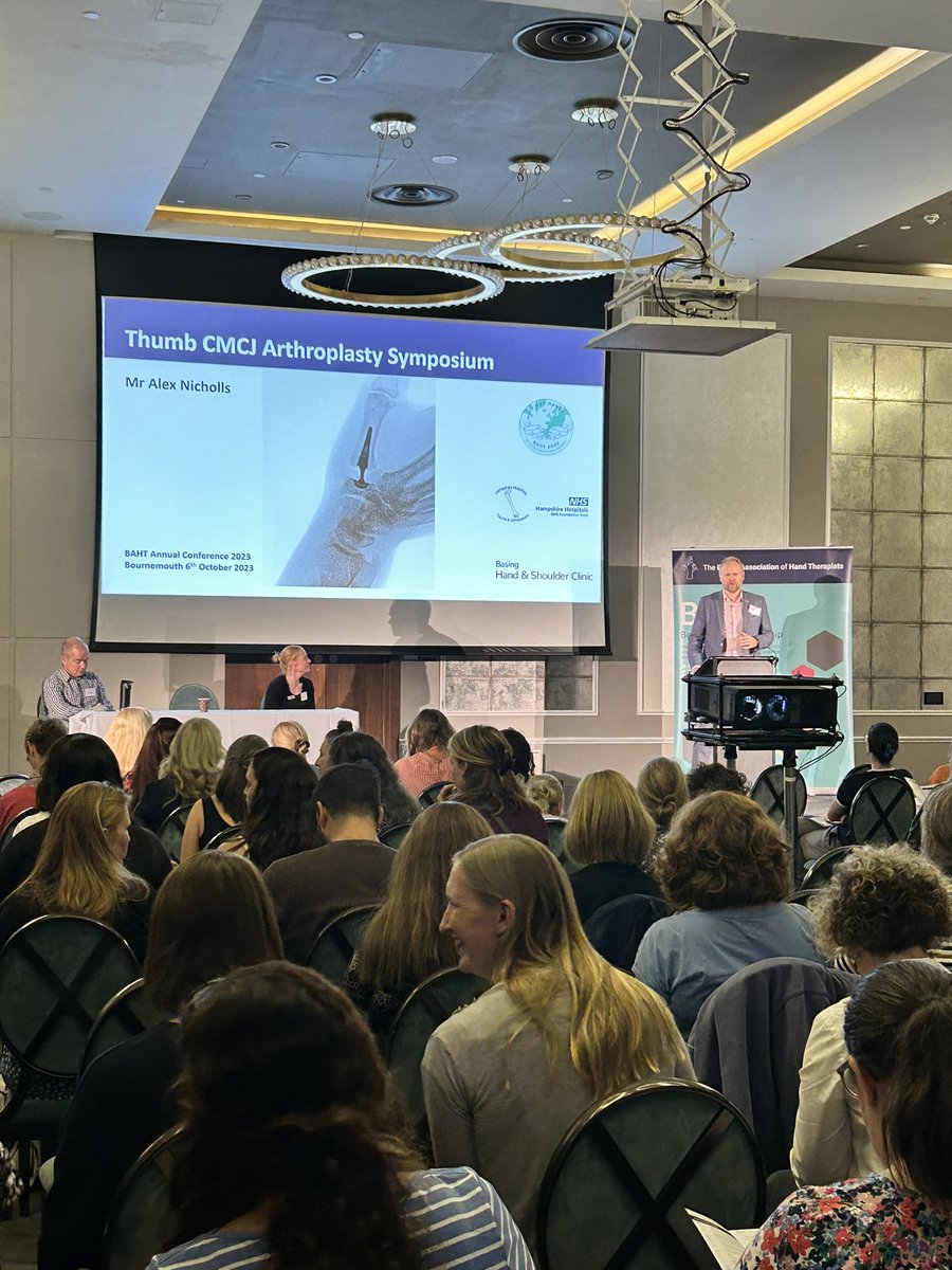 BAHTHandtherapy's tweet photo. Next up, Symposium 2: ‘It’s all about the base’ 

Alex Nicholls &amp; Kevin Spear giving us all the info we need to know on Thumb CMCJ arthroplasty - surgery and rehabilitation 👍🏼

#BAHT2023 #InOurHands #hand #thumb #OA #surgery #therapy https://t.co/2xIgFqwYS9