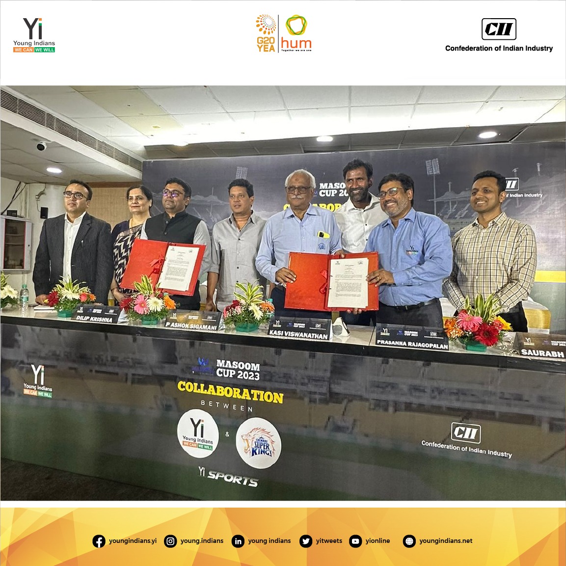 Excited to announce that Yi &amp; the IPL giants #CSK have joined hands to amplify the cause of #YiMasoomVertical. Get ready, it's the #meninyellow V/S #Yi changemakers to keep every child safe

#Cii #YoungIndians #NationBuilding #YouthLeadership #G20YEA #HUM <a href="/ChennaiIPL/">Chennai Super Kings</a> <a href="/TNCACricket/">TNCA</a>