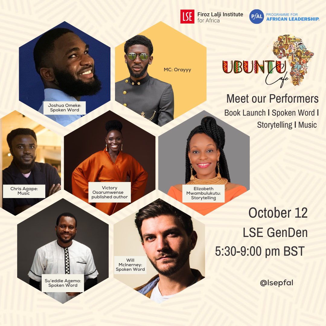 To celebrate #BHM we'd like to invite you to the Ubuntu Cafe a celebration of African culture, diversity, and heritage. The theme for this edition is Roots, Bridges, and Echoes: Reclaiming our Stories. 🗓️: October 12, 5:30-9:00 pm 📍: LSE GenDen 🔗: lse.ac.uk/africa/program…