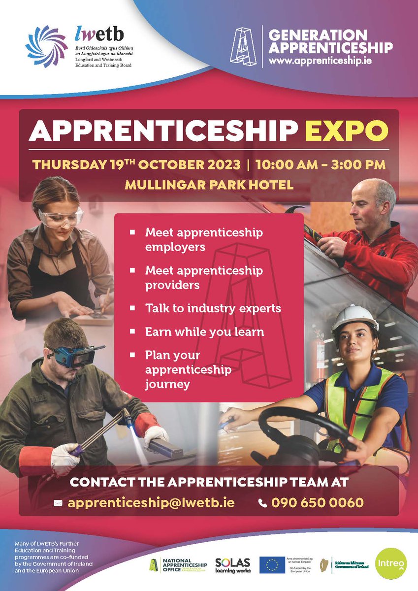 Our Apprenticeship Expo is taking place 19th Oct @mullingarpark. Join us on the day to plan your #apprenticeship journey. Our dedicated apprenticeship team will be there on the day but also apprenticeships providers and employers. #GenerationApprenticeship