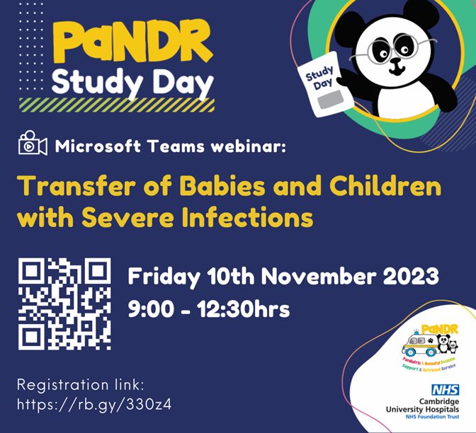 🚨Come and join us for the <a href="/PaNDR_EOE/">PaNDR_EOE</a> Regional Study Day🚨

🚑All nursing and medical staffing welcome🐼
#PedsICU #pedsretrieval #NeoTwitter 

When: Friday 10th November, 09.00-12.30

Where: Virtually, via Microsoft Teams 

How: Please register here:

rb.gy/330z4