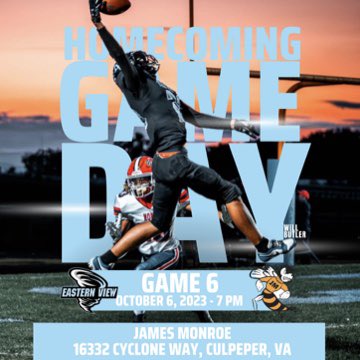 EVHS Football (@cycloneev) on Twitter photo πͺπ¨GAME DAYπ¨πͺ
#Team16 is back at Cyclone Stadium for the Homecoming game this evening! Huge shoutout to <a href="/SOlinger_2/">Stephanie π€</a> for the game day graphic pics!! ππͺοΈππͺοΈ
β° - 7:00pm
π - 16332 Cyclone Way
π - <a href="/FootballJmhs/">JamesMonroeFootball</a>
π - gofan.co/event/1100569?β¦
#NextStep #BlackCloud πͺπ¨GAME DAYπ¨πͺ
#Team16 is back at Cyclone Stadium for the Homecoming game this evening! Huge shoutout to <a href="/SOlinger_2/">Stephanie π€</a> for the game day graphic pics!! ππͺοΈππͺοΈ
β° - 7:00pm
π - 16332 Cyclone Way
π - <a href="/FootballJmhs/">JamesMonroeFootball</a>
π - gofan.co/event/1100569?β¦
#NextStep #BlackCloud