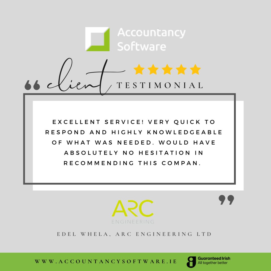 Another lovely review from Edel in Arc Engineering. Thank you for the kind words Edel! 

#GuaranteedIrish #CloudAccounting #QuickBooksTraining #QuickBooksProAdvisor