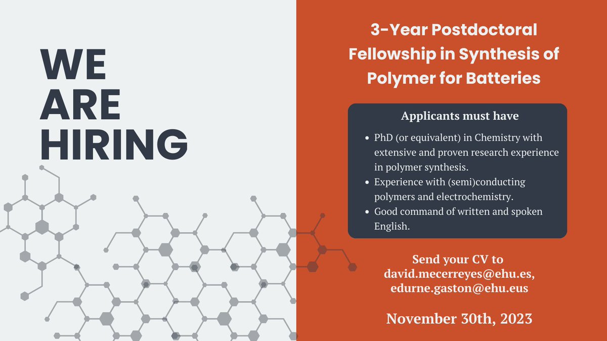 POLYMAT (@polymat_berc) on Twitter photo ❗WE ARE HIRING❗
A 3-Year Postdoctoral Fellowship is available in the group of <a href="/DavidMecerreyes/">Innovative Polymers Group</a> . The selected candidate is expected to conduct research, participate in collaborative projects, write reports and scientific articles.
More info: polymat.eu/uploads/openpo… ❗WE ARE HIRING❗
A 3-Year Postdoctoral Fellowship is available in the group of <a href="/DavidMecerreyes/">Innovative Polymers Group</a> . The selected candidate is expected to conduct research, participate in collaborative projects, write reports and scientific articles.
More info: polymat.eu/uploads/openpo…