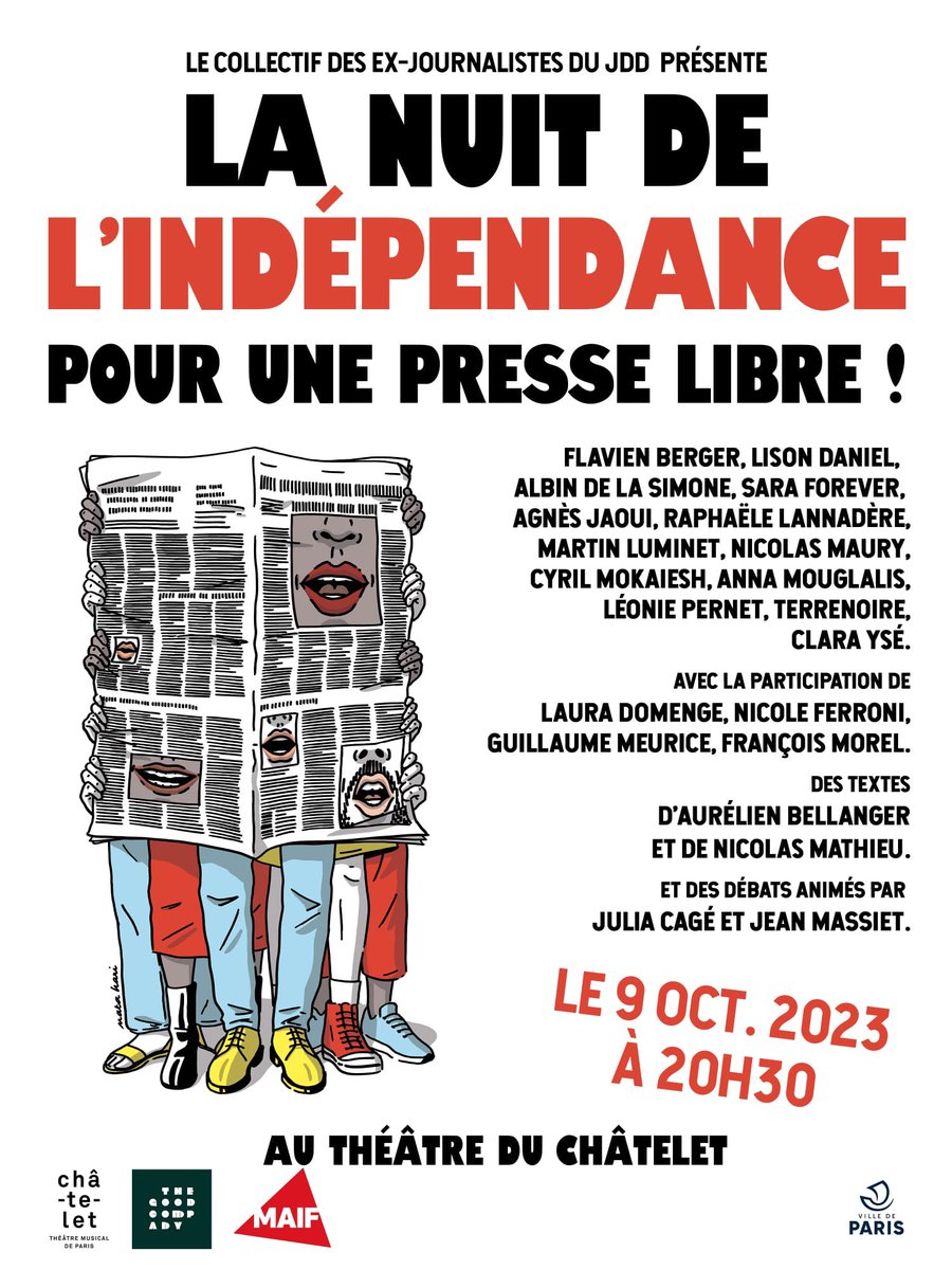 J-3 avant la nuit de l’indépendance. Des places sont encore disponibles. 

L’intégralité des recettes de la billetterie serviront à rémunérer les techniciens, personnels et intermittents mobilisés pendant la soirée ⤵️

chatelet.com/programmation/…