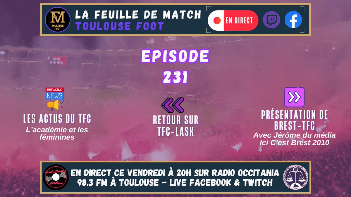 FDMToulouseFoot's tweet photo. 📻#FDMToulouse ce vendredi sur @radiooccitania 98.3FM à 20H [en vidéo sur Twitch &amp; Facebook]

▶️Actus du @ToulouseFC
▶️Retour #TFCLASK #UEL
▶️Présentation #SBTFC avec Jérôme de @icicestbrest29

💜Réagissez en direct au 05 61 80 40 40⬇️ https://t.co/AA18YU3hiN