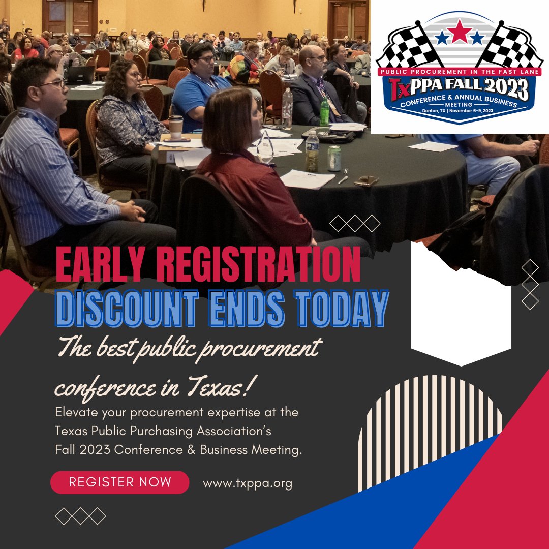 PurchasingTexas's tweet photo. Last chance to save! Don't miss out on the early bird discount for the Texas Public Purchasing Association Conference. Register now and secure your spot at the best price and elevate your procurement game. #publicprocurement #TxPPA #procurementconference https://t.co/lsm88E1tKp