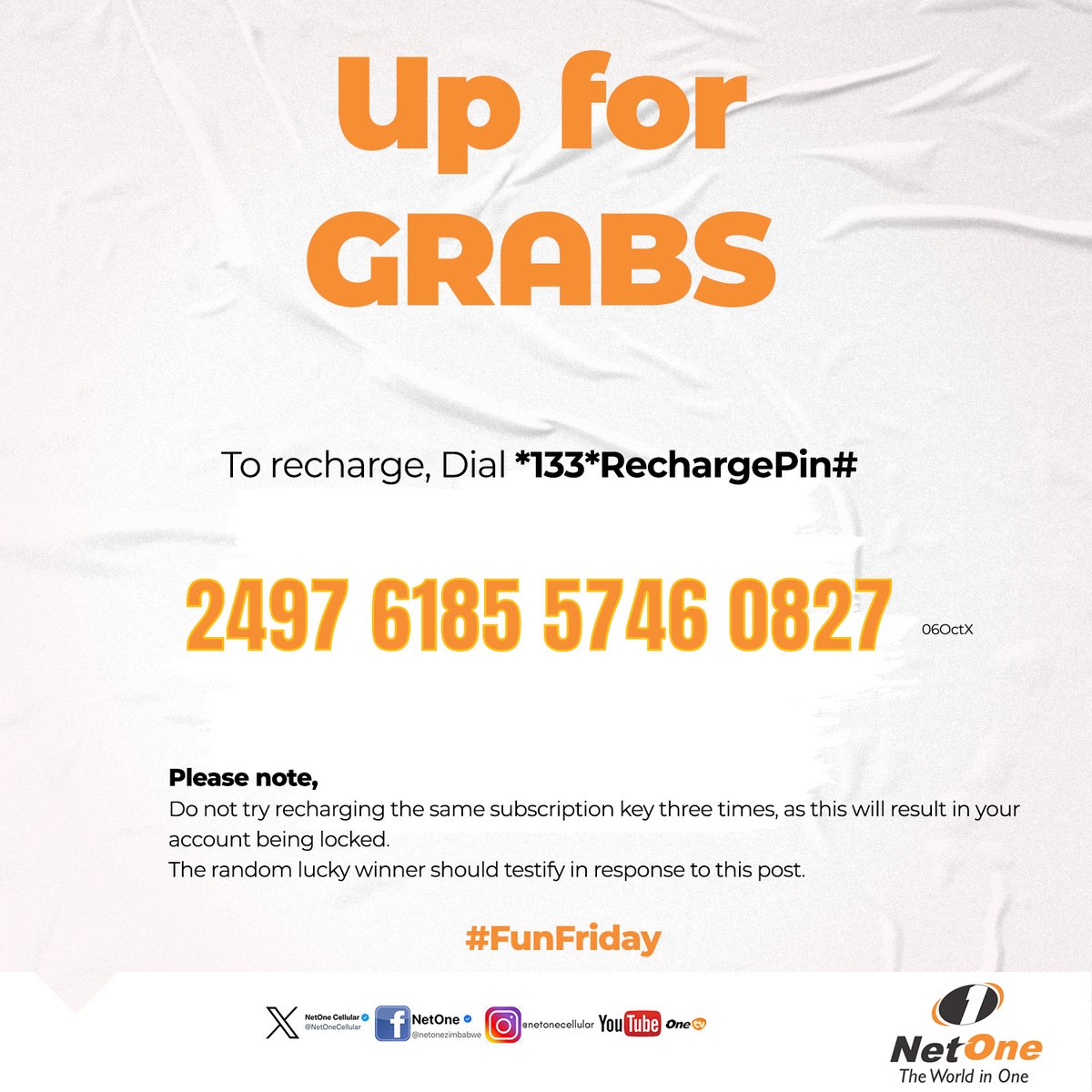 NetOneCellular's tweet photo. It is #FunFriday! This $10 voucher could be yours! May the first random lucky winner testify on this platform. #HandeiTione #AsambeSibone #CrossOverToNetOne https://t.co/ymzJI836gV