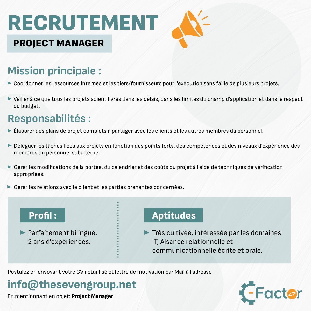 seven_dma's tweet photo. 📢 OFFRE D'EMPLOI : Rejoignez notre équipe en tant que Project Manager !

Mission: coordonner les ressources internes et les tiers/fournisseurs pour l'exécution  sans faille de plusieurs projets.

Envoyez  votre CV et lettre de motivation à l'adresse 👉 info@thesevengroup.net https://t.co/ATLznVcUfu