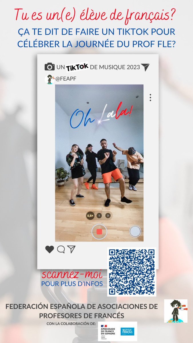 Petit rappel ! Concurso "Un TIKTOK de musique 2023" para los alumnos de francés cuyos profesores pertenezcan a una asociación/federación de francés perteneciente a la FEAPF para celebrar la #journeeproffle #untiktokdemusique2023 #feapf <a href="/IF_Madrid/">Institut français de Madrid</a> <a href="/france_espagne/">La France en Espagne 🇫🇷🇪🇸</a>