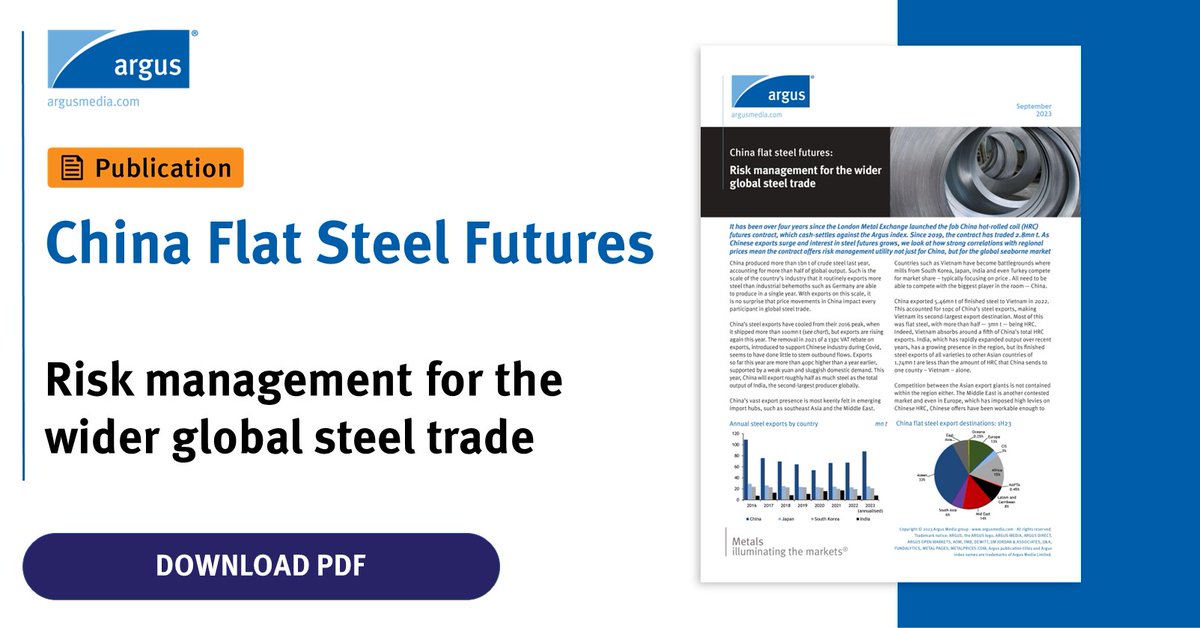 ArgusMedia's tweet photo. 𝗪𝗵𝗶𝘁𝗲 𝗽𝗮𝗽𝗲𝗿: As Chinese exports surge, how can the global seaborne market use #steelfutures to manage risk? Learn how the fob China hot-rolled coil (#HRC) futures contract is being applied since its launch on the #LME over four years ago: https://t.co/fxyirmVTzE https://t.co/AUMF6RRJzF