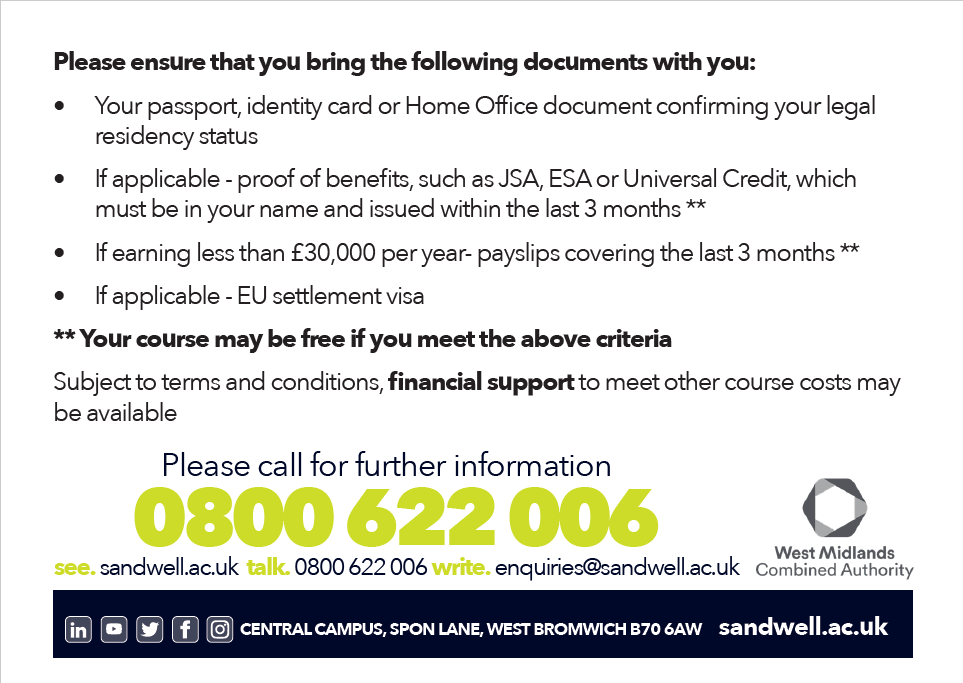 Sandwell College are enrolling for adult ESOL courses tomorrow! Saturday 7 October between 09:30 and 13:00 Please take your ID documents and proof of benefits. More information on the attached leaflet or call 0800 622 006.