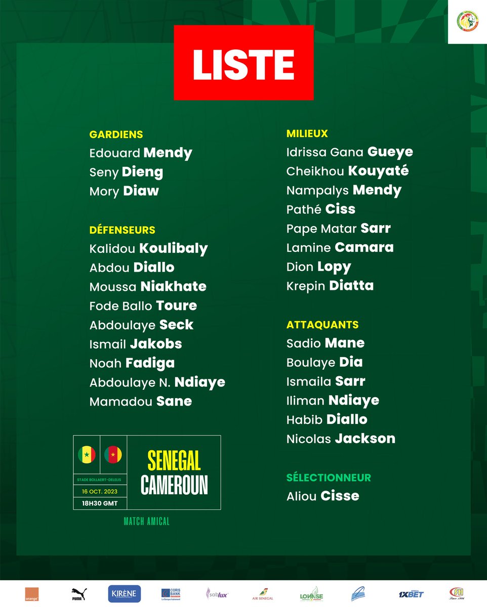 📋 La liste des 26 joueurs retenus par le sélectionneur national Aliou Cissé pour le match amical international contre le Cameroun prévu le 16 octobre 2023 à Lens. 

→ Vous pouvez acheter vos tickets sur tickets.fanzone.pro