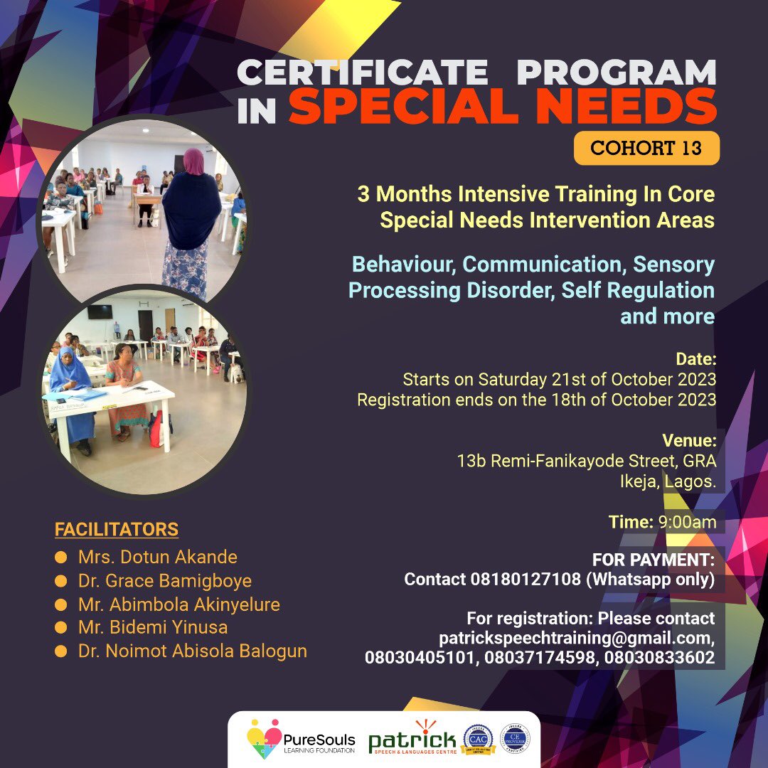 It’s the last batch for the year 2023, end this year with something incredible to look forward too. 
Contact Esther on 08030405101 now to complete your registration. 
#specialneeds #patrickspeechandlanguagecentre #autismschoolinlagos #ibccescertified #ibcces
Iyabo Christ Jesus