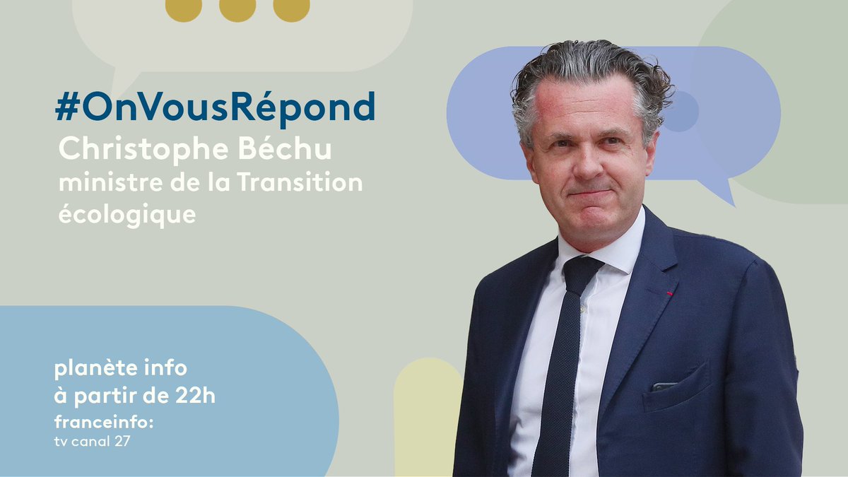 Mardi 10 octobre <a href="/ChristopheBechu/">Christophe Béchu</a> invité exceptionnel de #PlanèteInfo à 22h sur le canal 27 #franceinfotv 
Vous pourrez lui poser vos questions en direct. On vous partage le lien bientôt 
#planificationecologique 
<a href="/paulineforgue/">Pauline Forgue</a> <a href="/MarieMamgioglou/">Marie Mamgioglou</a> <a href="/FeydelSandrine/">Sandrine Feydel</a> <a href="/Myriam_Bounafaa/">Myriam Bounafaa</a>