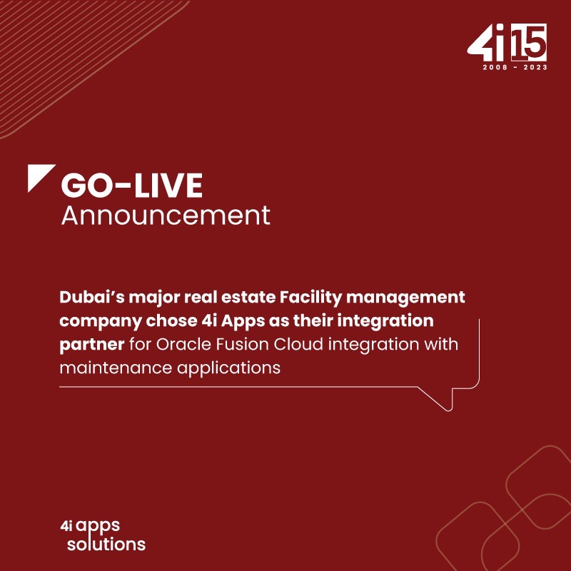 #4iapps has proven its #expertise of #Oracle Fusion #ERP integration with maintenance systems for one of the largest facility management company in Dubai.

#Oraclepartner  #Implementation #Projectcompletion #Dedication #Expertise #Execution #Innovation #Technology #Future
