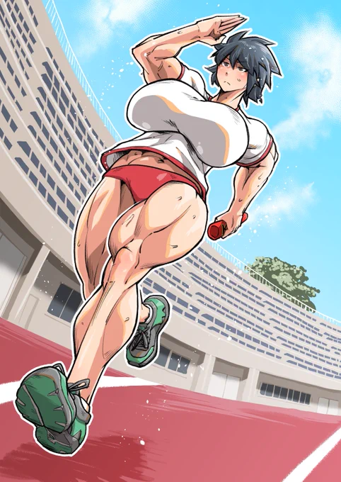#筋肉娘秋の大運動会2023特別種目『バトンリレー』  走者 青木 恵(OC) じゅうろく()さんから受け取りました! そりゃぁブルマを履かせたくなりますよね 次はあおい もとかさん()にバトンタッチ! 