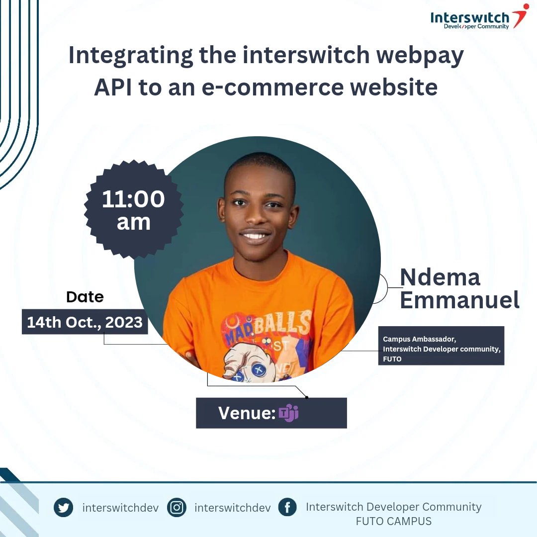 EmmanuelNdema1's tweet image. Hi everyone 🤩🤩🤩🤩
I'll be hosting my first virtual workshop at my campus on how to use @InterswitchDev web Pay API.
#quicktellerAPI 
#idcCampusAmbassador
#interswitchDevelopersCommunity