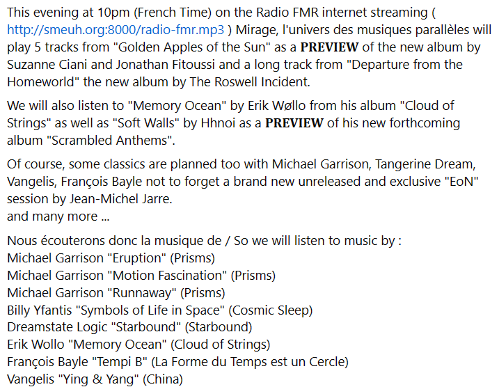 BillyYfantis's tweet photo. Thank you very much @ Mirage Radio show (Radio FMR) from Toulouse, France, for playing music from my new album: https://t.co/UAtmlRn88j
#experimentalmusic #synth #nasa #space #spacemusic #ambient #avantgarde #cosmos #sleep #cosmicsleep https://t.co/5f5SRLEKex
