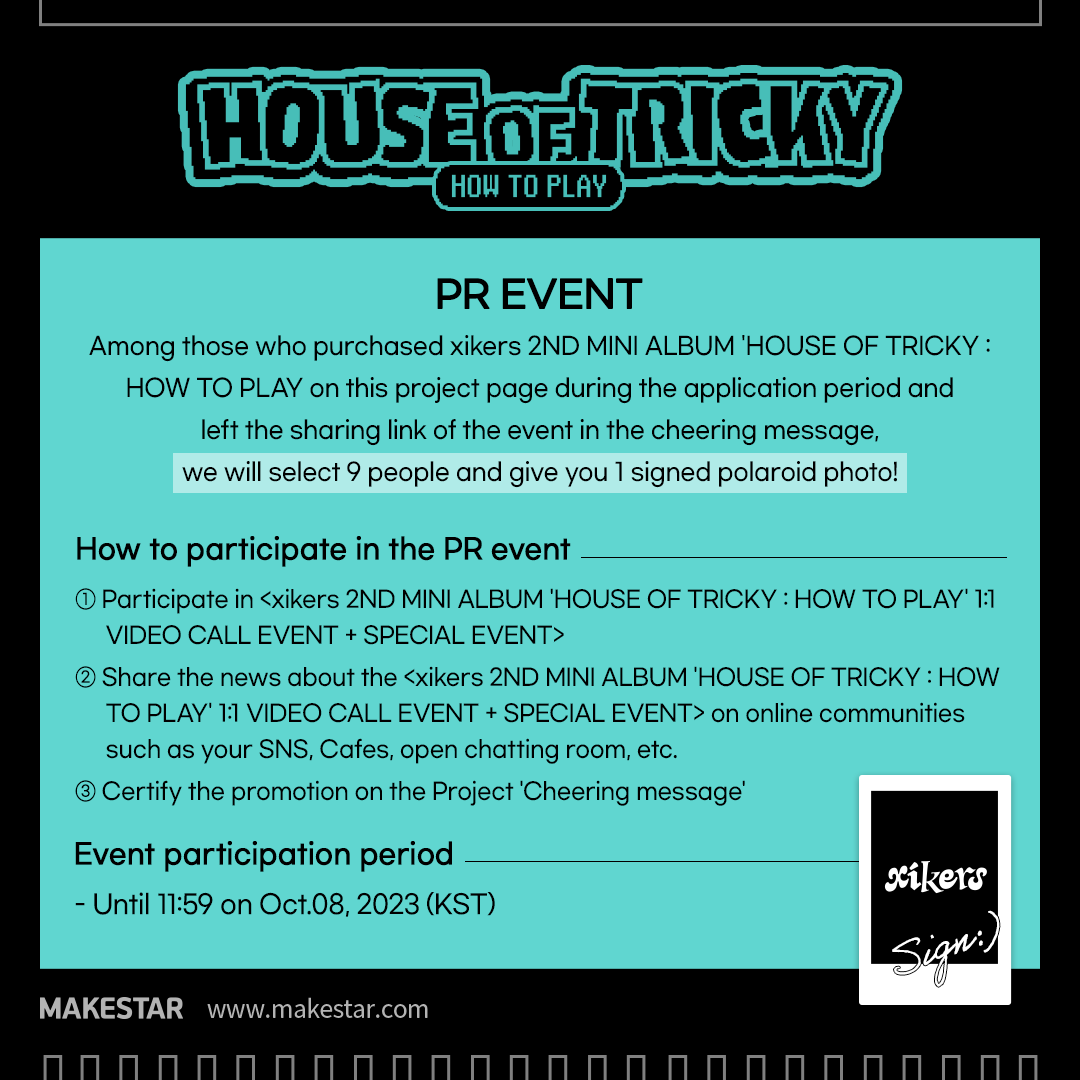 Makestarcorp's tweet photo. #xikers 2ND MINI ALBUM 'HOUSE OF TRICKY : HOW TO PLAY' 1:1 VIDEO CALL EVENT + SPECIAL EVENT OPEN!

💖응모자 포토카드 빨간 망토&amp;늑대 ver.
💖당첨자 응모 멤버의 부적 카드 증정
💖홍보 당첨자 사인 폴라로이드 사진 증정

🗓️23.10.06 ~ 2023.10.08 11:59 (KST)
🔗https://t.co/05Gq0SCJF5 https://t.co/cfEwz6umRb