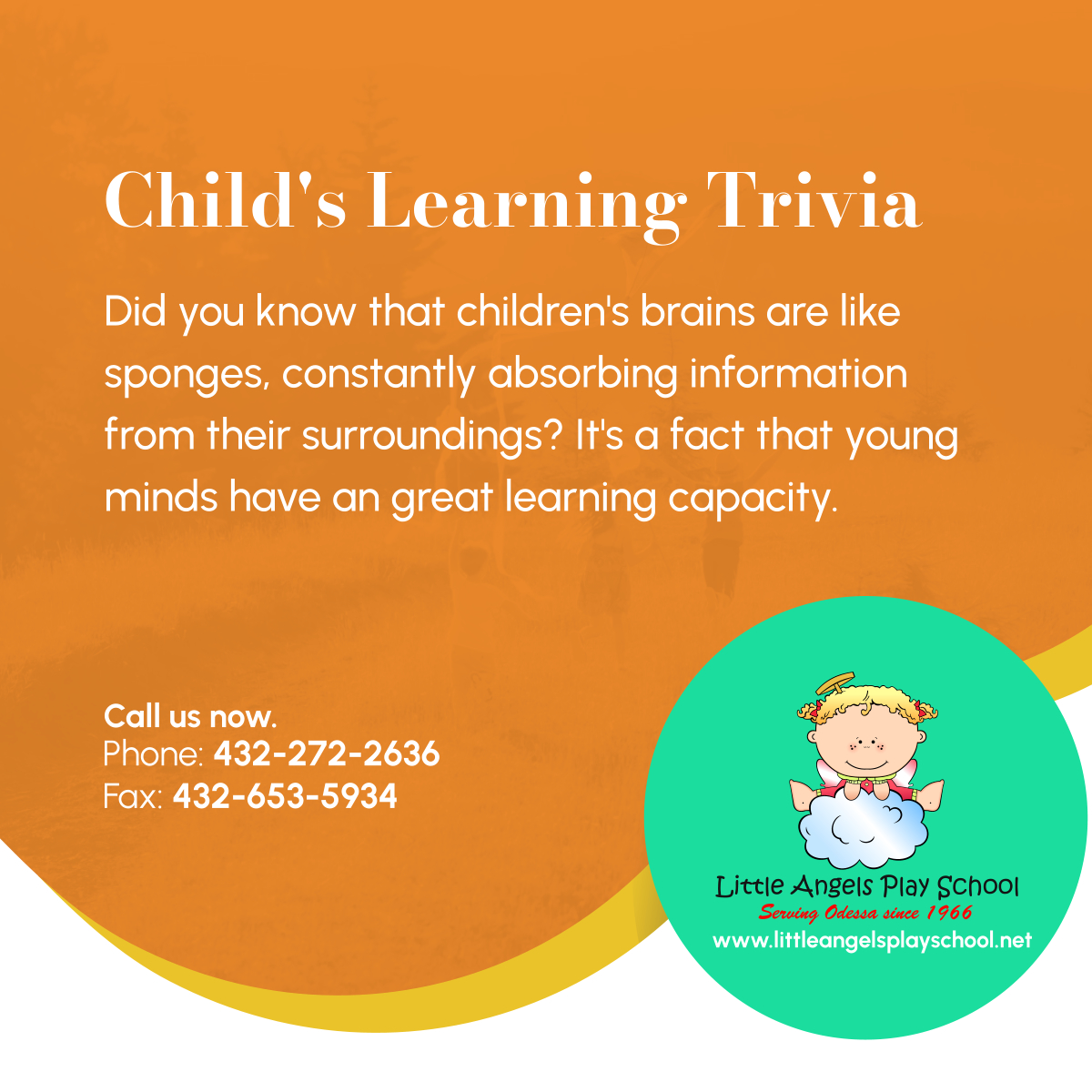 littleangelsps_'s tweet photo. Whether it's through exploring nature, solving puzzles, or simply asking 'why,' every moment is a chance for children to discover and grow. Check out this little bit of trivia to learn more.

#ChildCare #OdessaTX #LittleAngelsPlaySchool #ChildsLearning #LearningCapacity https://t.co/rSPyIUdjQv