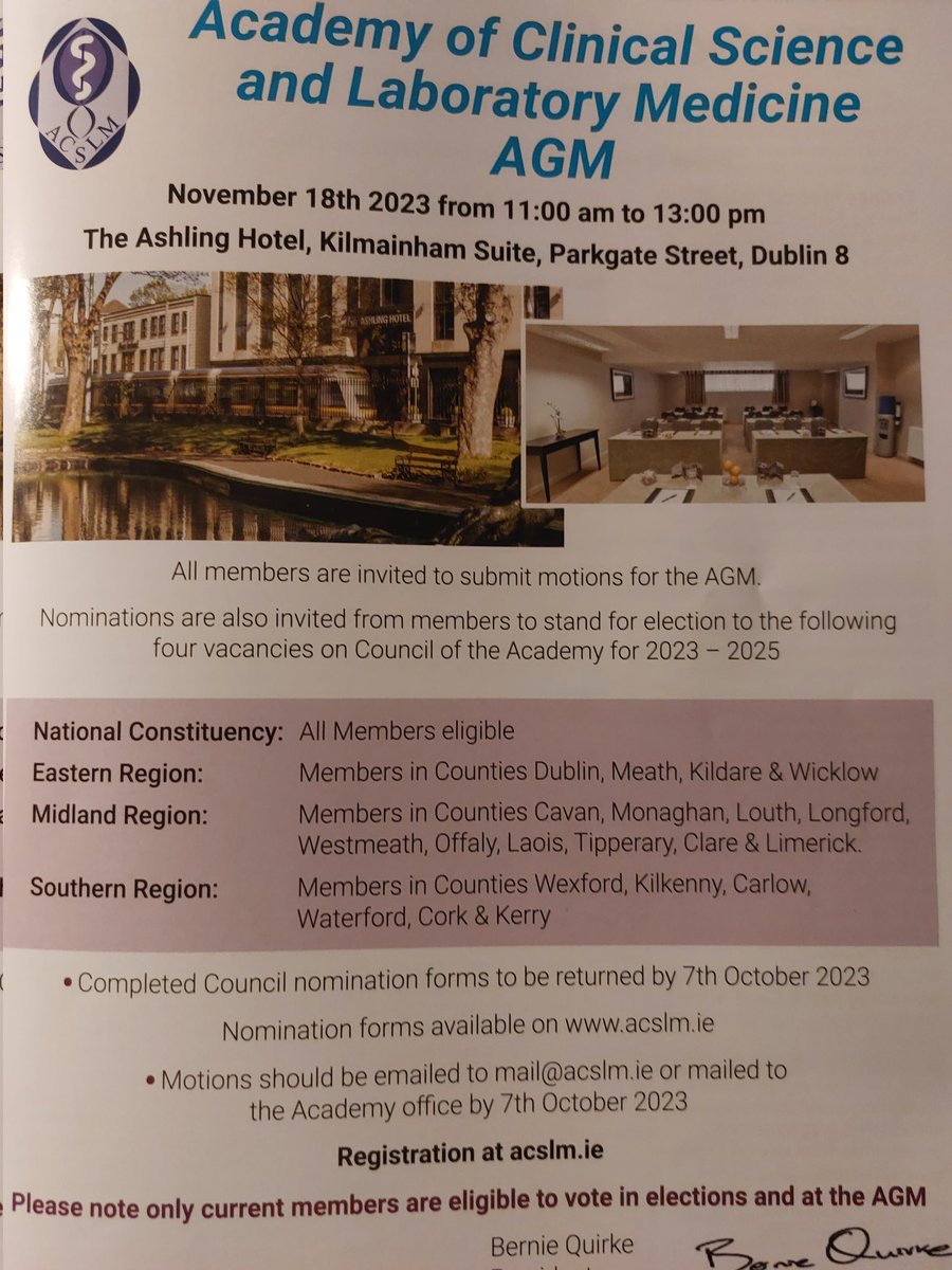 Academy of Clinical Science & Laboratory Medicine (@acslm1) on Twitter photo A reminder to #MedicalScientists that tomorrow October 7th, is the closing date for receipt of nominations for Council and Motions for <a href="/ACSLM1/">Academy of Clinical Science & Laboratory Medicine</a> #AGM <a href="/MedLabAssoc/">MLSA</a> <a href="/WeHSCPs/">National HSCP Office, HSE</a> <a href="/acslmPresident/">Irene Ní Riagáin</a> A reminder to #MedicalScientists that tomorrow October 7th, is the closing date for receipt of nominations for Council and Motions for <a href="/ACSLM1/">Academy of Clinical Science & Laboratory Medicine</a> #AGM <a href="/MedLabAssoc/">MLSA</a> <a href="/WeHSCPs/">National HSCP Office, HSE</a> <a href="/acslmPresident/">Irene Ní Riagáin</a>