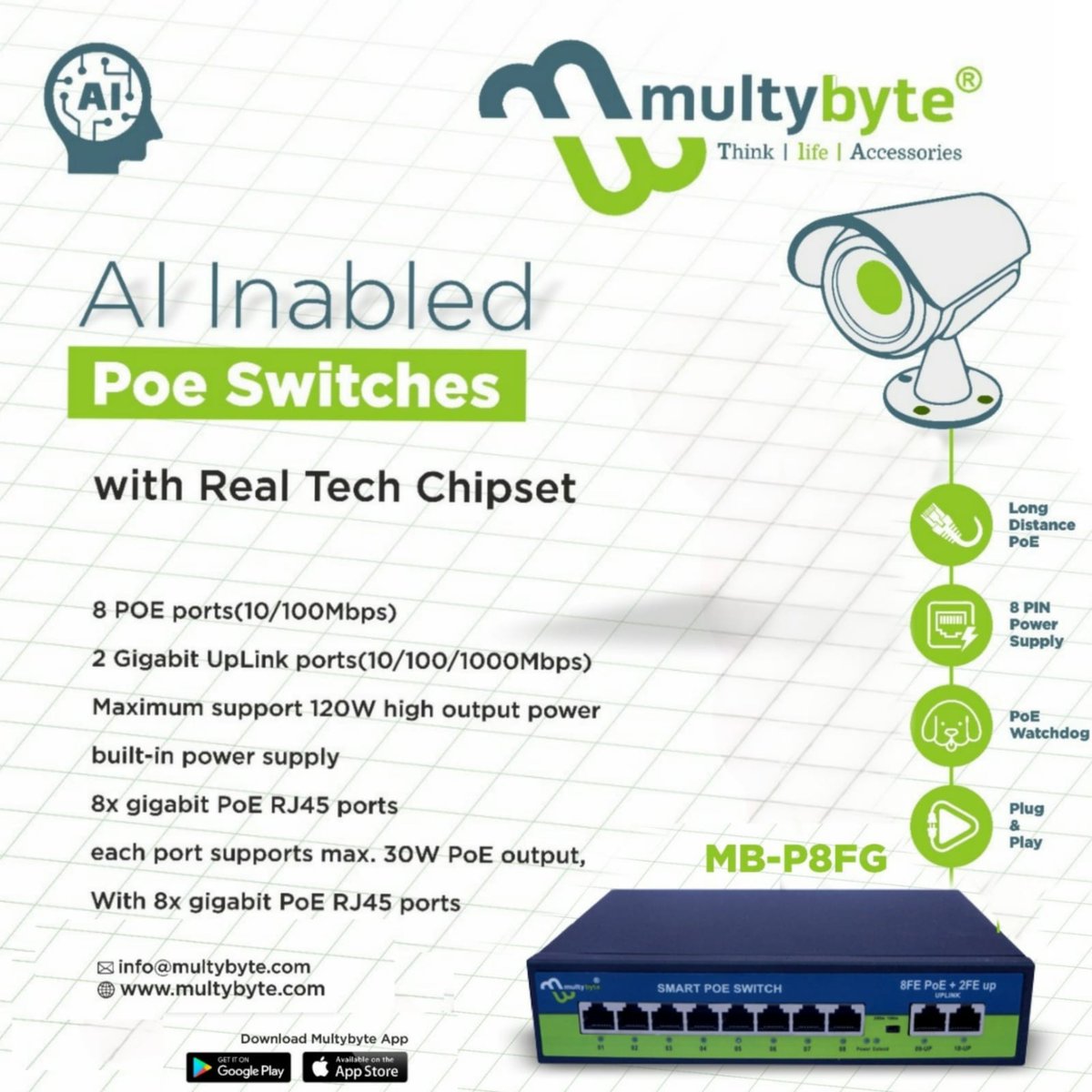 multybyte's tweet image. Welcome to MultyByte🌟 AI Inabled PoE Switch utilizes artificial intelligence to dynamically allocate power to connected devices, ensuring efficient energy usage and preventing overloads.🤖🔌
#SmartNetworkSolutions #AIinNetworking
#PowerOverEthernetTech #EfficientNetworksAI