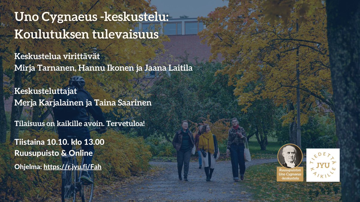 Uno Cygnaeus -keskustelu 10.10. klo 13.00 (Ruusupuisto & Online): Tervetuloa pohtimaan koulutuksen tulevaisuutta!  ➡️ r.jyu.fi/Fah
#JYUnique #TiedettäKaikille #unocygnaeuskeskustelu #ruusupuisto