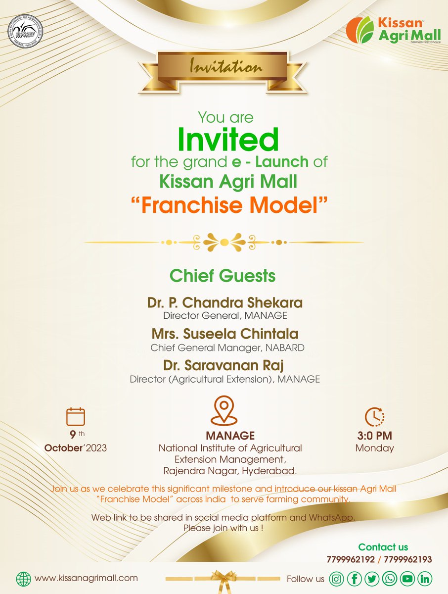 MANAGE delighted to extend Invitation to join us to introduce  “e-Launch of Franchise across India to serve #farming community by @KissanAgriMall , an incubattee of MANAGE-CIA. 

For more details: kissanagrimall.com

Joining Link : manageindia.webex.com/manageindia/j.…